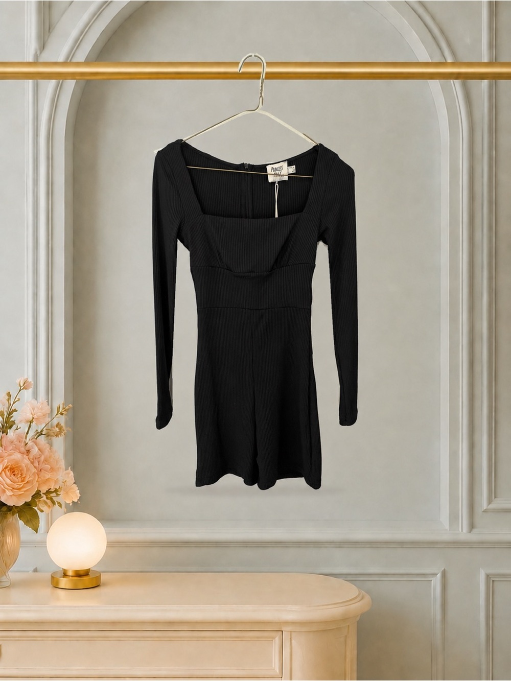 Princess Polly Sara Black Ribbed Long Sleeve Romper NWT US 2